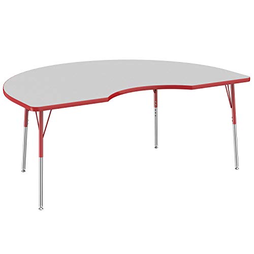 Image of FDP Kidney Activity School and Office Table (48 x 72 inch), Standard Legs with Swivel Glides for Collaborative Seating Environments, Adjustable Height 19-30 inches - Gray Top and Red Edge