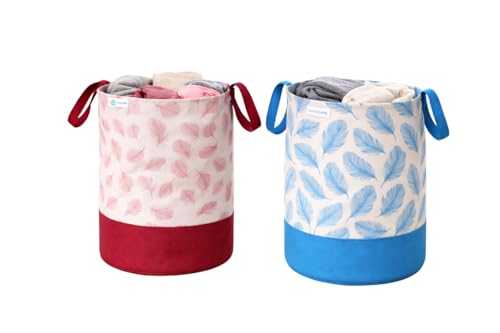 Image of UNICRAFT Leaf Design Laundry Bag 45L | Foldable Fabric Laundry Basket with Handles | Printed Storage Organizer for Clothes, Toys & Home Use (Maroon & Blue, Pack of 2)