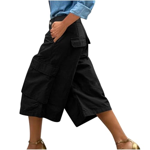 Cargo Pants Womens Summer Loose High Waisted Wide Leg Capris Outdoor Hiking Trousers with 4 Pockets