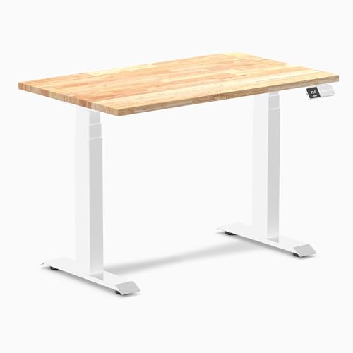 Image of Desky Small Electric Standing Desk, 40 x 24 inches Rubberwood Height Adjustable Sit Stand Desk with Dual Motor and Memory Presets, Compact Home Office Workstation - Natural Wood Top