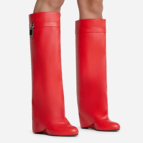 Yishaweiqi Fold Over Boots Wide-calf Wedge Heel Knee High Boot With Decorative Silver Lock Red Size 9.53
