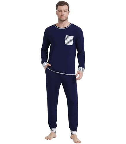 Image of NACHILA Mens Pajamas Set Long Sleeve Henley Sleepwear Top Soft Jogger Pants Pajamas Cool Pjs Set,Viscose Made from Bamboo