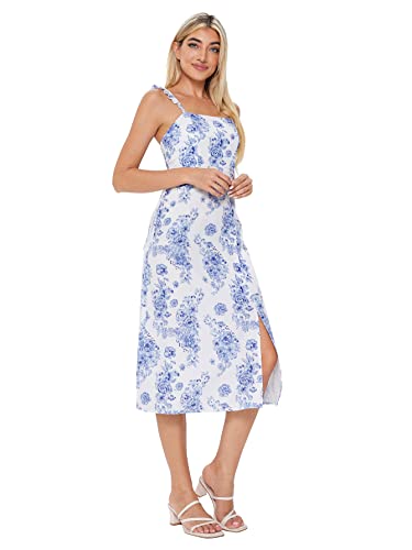 Soly Hux Women Summer Floral Square Neck Ruffle Slit Corset Fitted Midi Dress Blue And White S #TOP2