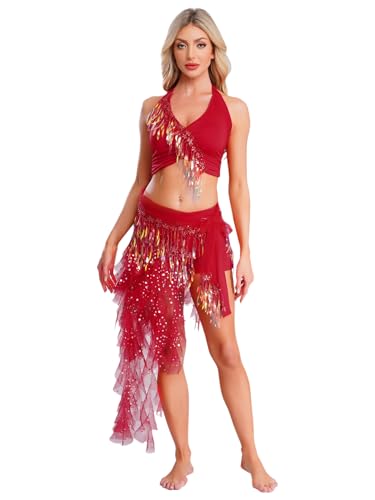 [Lejafay] Femme Sequence Frange Jupe Danse Du Ventre Echarpe De Hanche Shorts De Danse Rave Sequence Tulle Jupe Ensemble 4 Piece