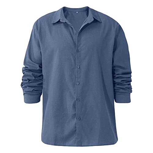 Men's Linen Button Down Shirts Casual Long Sleeve Summer Beach Shirt Tops Lightweight Solid Color Loose Fit Shirt (Blue,X-Large)