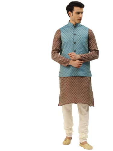 Image of SOJANYA (Since 1958, Men's Silk Blend Grey Kurta Pyjama & Silk Blend Jacket Combo