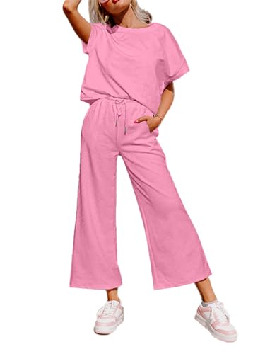 Glamaker Womens 2 Piece Outfits Lounge Sets Short Sleeve Loose Fit Top and Wide Leg Pants Set Sweatsuits Tracksuit