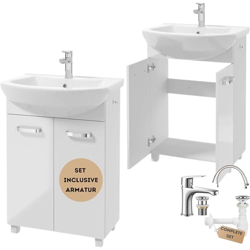 .Deftrans Meuble de Salle de Bain avec lavabo et robinetterie - 85 x 60 x 40 cm - Blanc Brillant - Meuble de Salle de Bain avec lavabo et Robinet avec Prise à...