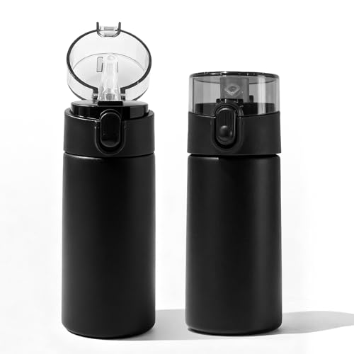 2 bottiglie piccole da 150 ml, mini thermos a doppia parete, in acciaio inox con cannuccia, cordino, borraccia portatile isolata sottovuoto per attività all'aperto, ufficio, viaggi (nero)