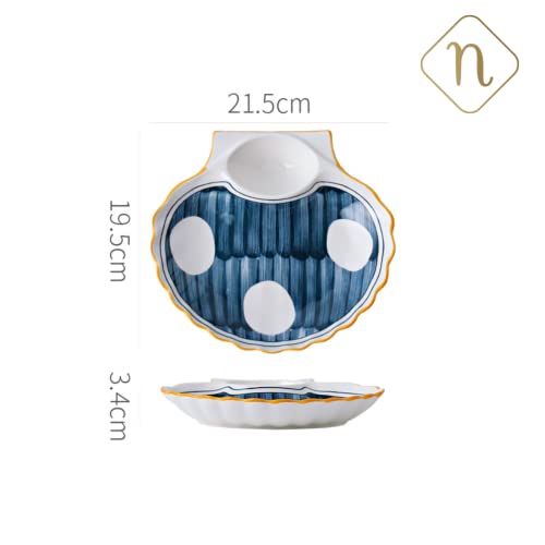 Image of Nestasia Set of 2 Ceramic Shell-Shaped Snack Plate with Dip Section for Chutney | Microwave & Dishwasher Safe Starter Plates | Perfect for Fries, Momos, Sushi, Kebab (White & Blue)