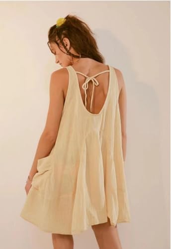 Image of Women Casual Dresses Sleeveless Scoop Neck Backless Tunic Mini Dress Loose Flowy Tank Sundress with Pockets