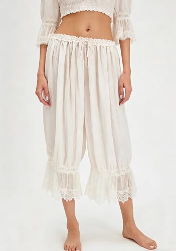 Image of NUFIWI Women Ruffle Long Bloomer Y2k Lace Trim Pettipants Pantaloons Mid Rise Cropped Pajama Pants Under Dress Slips