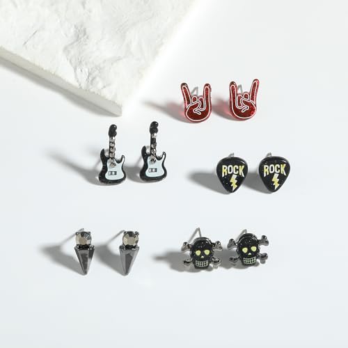 Madison Tyler 5Pairs Funny Studs Earrings Set for Women | Punk Retro Classic Spiked Guitar Rock Hand Skull Earrings | Rock and Roll Accessories for Women2