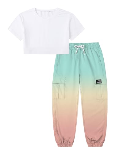 Image of Betusline Girls 2 Piece Set, White Cute Short Sleeve Crop Tops + Green Pink Gradient Cargo Jogger Pants Clothes, 4-5T = Tag 120