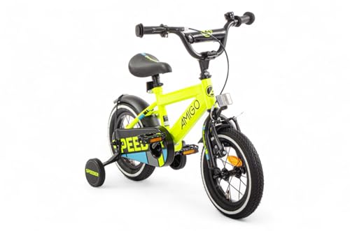 AMIGO Speeder - Kinderfahrrad - 12 Zoll - mit Handbremse, Rücktritt, Lenkerpolster und Stützräder - ab 3-4 Jahr - Gelb/Schwarz