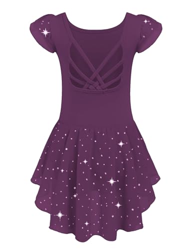 Image of Arshiner Girls Shiny Ruffle Sleeve Ballet Leotard with Skirt Criss-Cross Back Dance Dresses