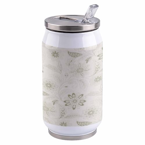 コーラカップ 花 葉っぱ 緑 ベージュ タンブラー ストローカップ 蓋付き ステンレス 魔法瓶 水筒 ボトル 車用 自宅用 携帯便利 直飲み 真空 保冷 保温 漏れ防止 通勤 贈り物 300ml