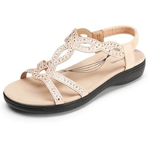 DREAM PAIRS Women's Comfort Dressy Rhinestone Summer Beach Sandals Slip-on Flat Walking Orthopedic Sandals with Elastica Back Strap 6 Nude