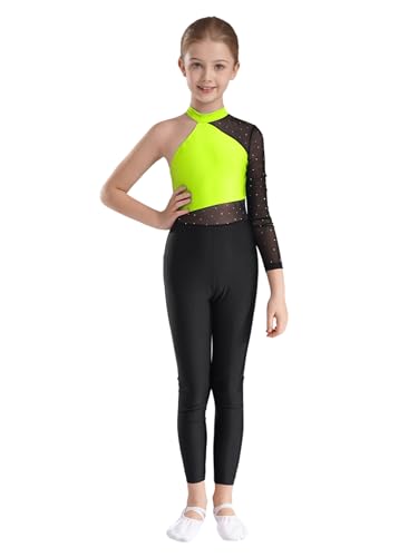 Jowowha Maillot para niños para niñas, traje de gimnasia de cuerpo entero, traje de ballet de un hombro, con brillantes, brillantes, para gimnasia, leotardo, competición, disfraz de danza, Amarillo