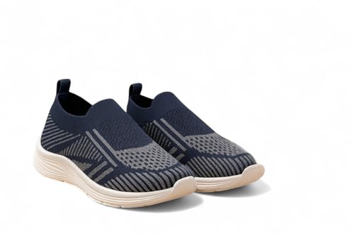 Image of Slip-On Knit Sneakers, Navy Blue, Lightweight Walking Shoes, White Sole