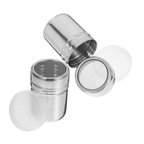 Cabilock 2pcs Stainless Steel Powdered Sugar Shaker with Lid Fine Mesh Spice Dispenser for Cocoa Chocolate and Sugar for Baking Cappuccino and Latte