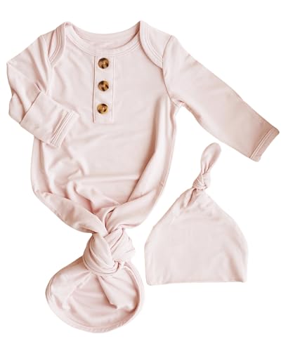 Image of Caden Lane Newborn Knotted Gown with Hat, Soft Bamboo Viscose Baby Sleep Sack, Unisex Infant Nightgown, Breathable Sleepwear