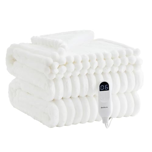 Bedsure Electric Blanket Twin - Thick Striped Flannel Electric Blanket, Heating with 10 Time Settings, 6 Heat Settings, and 8-Hour Timer Auto Shut Off, Gift for Grandma (62x84 inches, White)