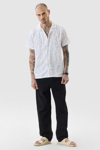 Image of SNITCH Men Casual Shirt | Regular Fit Half Sleeve Cuban Collar Textured Pattern with Embellished Sequins | 100% Viscose & Breathable Fabric for Everyday Wear