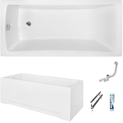ECOLAM Baignoire rectangle Optima 170x70 cm + tablier | pieds siphon + silicone | Baignoire acrylique blanc