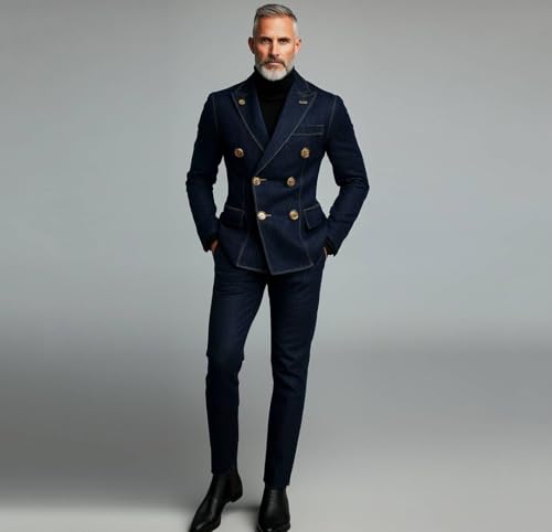 Kromoc Men's 2-Piece Denim Suit Peak Lapel Double Breasted Buttons Wedding Prom Jacket Pants3