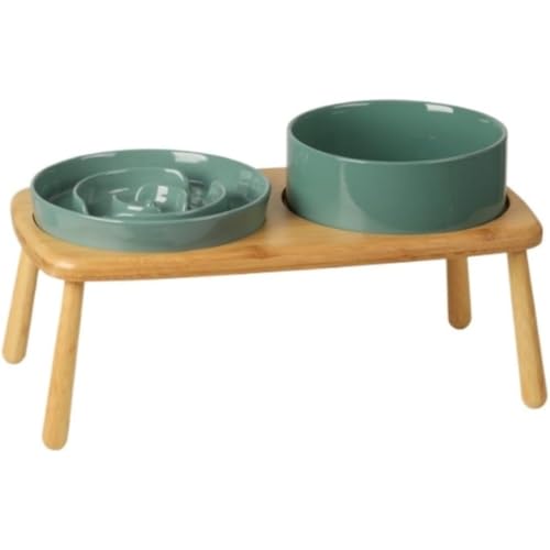 Quirix 猫 犬 エサ台 猫食器 犬食器 ペットの食器 浅広口タイプ ペット 食器スタンド フードボウル 水ボウル 犬 猫用 セラミックボウル 陶器碗 木製 陶器製皿 食べやすい斜め餌台面 ペット用品 (グリーン,21 CM/1800 ML)