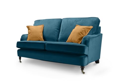 Elegant Teal 2 Seater Sofa for Living Room – Plush Velvet Loveseat with Antique Brass Castors, High Back and Comfortable Cushions, Teal Sofa with Solid Wood Frame - ASTBURY