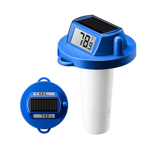 Image of Pool Thermometer Floating, Digital Swimming Pool Thermometer, IPX8 Waterproof with Double Sided Display for Pond, Hot Tub, Aquarium (Solar Powered, Dark Blue)