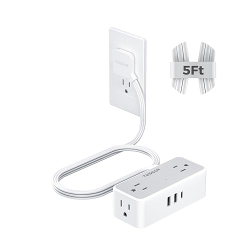 TESSAN Flat Plug Extension Cord 5 FT, Surge Protector Power Strip with 4 AC Outlets 1 USB C and 2...