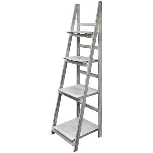 Kingpower Regal Leiterregal Holz Wandregal Bücherregal für Küche Wohnzimmer Badezimmer Modern 4 x Ablagen Deko Bilderrahmen Pflanzen in 4, Farbe:Antik-Weiß