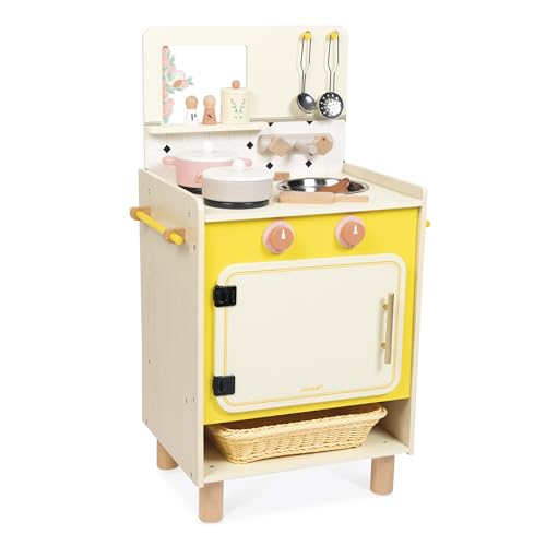 Janod Cocina Infantil de Madera-Equipada con Horno, Fregadero y 11 Accesorios Incluidos-Botones Rotativos con Sonido-A Partir de 2 años, J06641, Color Amarillo (JURATOYS