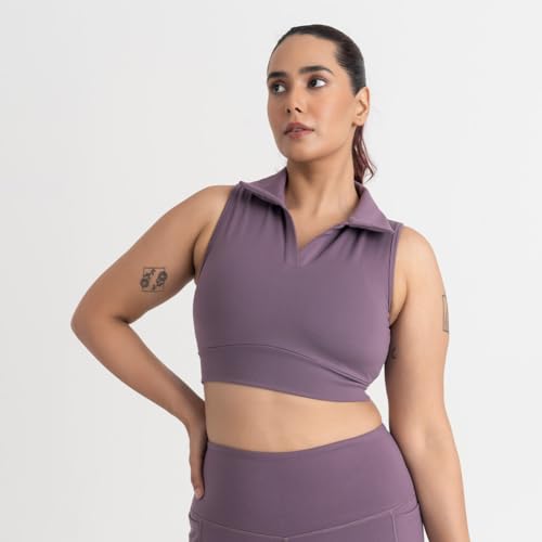 Image of HUNNIT 2 in 1 Sports Bra Crop Top - women's Polo Neck and Racerback styles with Medium Coverage, Lightly Padded, Stretchy Sports Bra perfect for Gym Workout and Sweat Wicking Fabric