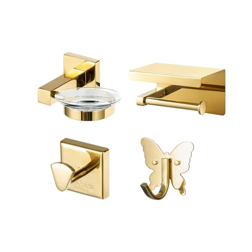 Roshan Hand Polished 4-Piece Bathroom Hardware Accessory Set, SUS304 Stainless Steel Toilet Paper...