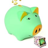LAEBUILD Piggy Bank for Boys and Girls, Plastic Pig-Shaped Money Bank, Fluorescent-Glow in Dark, Unbreakable, Modern, Toddlers and Children, Green