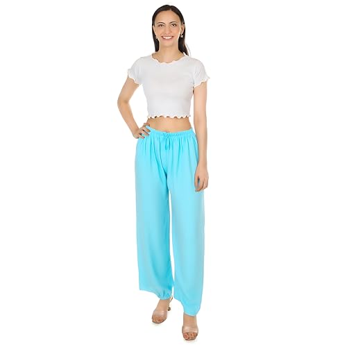 Image of Women's Rayon Palazzo Pants | Solid Color Wide Leg Trousers in 18 Shades | Elastic Waist Casual Bottoms XS-7XL | Comfortable