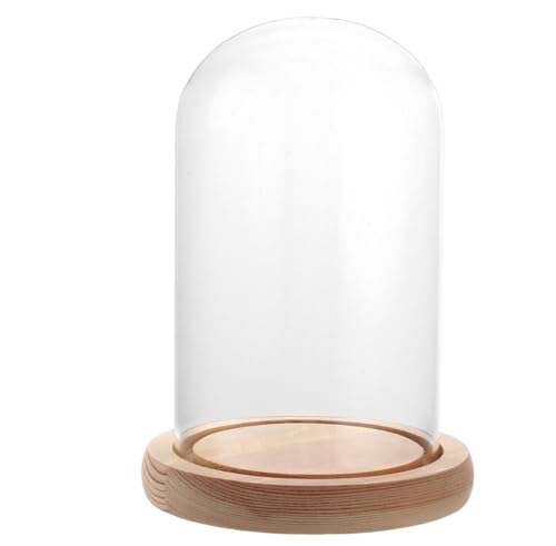 Voarge Glasglocke mit Holzboden mit Holz Sockel Bell Jar Cloche für Valentinstag Muttertag Blumendekorationen Basteln 9x15cm