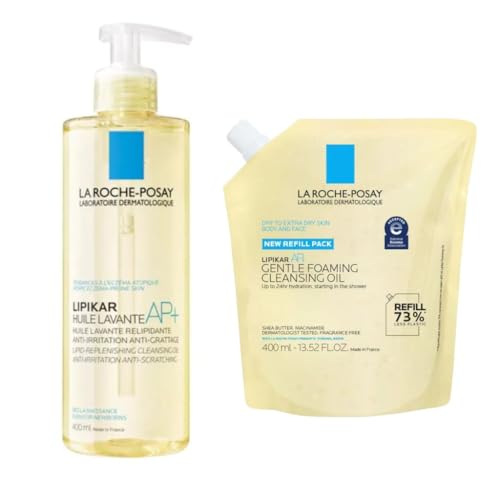 La Roche-Posay Lipikar Cleansing Oil AP+ 400ml & Refill 400ml Duo – Gentle Lipid-Replenishing Cleanser for Dry, Sensitive Skin