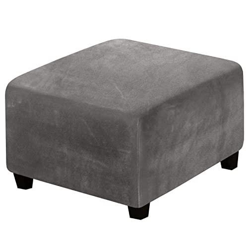 TOPCHANCES Square Ottoman Cover ,High Stretch Velvet Plush Ottoman Slipcover Square Footstool Protector Cover with Elastic Bottom for Footrest Ottoman Furniture (Grey)
