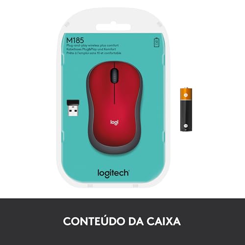 Mouse sem fio Logitech M185 2.4GHz com receptor USB, Design Ambidestro Compacto, Conexão USB e Pilha Inclusa - Vermelho glide