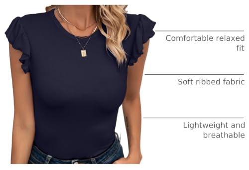 Image of VICHYIE Summer Women Ruffle Cap Sleeve Pretty Fitted Shirt | Ribbed Knit, Basic, Casual, Fashion Blouse, Solid Color