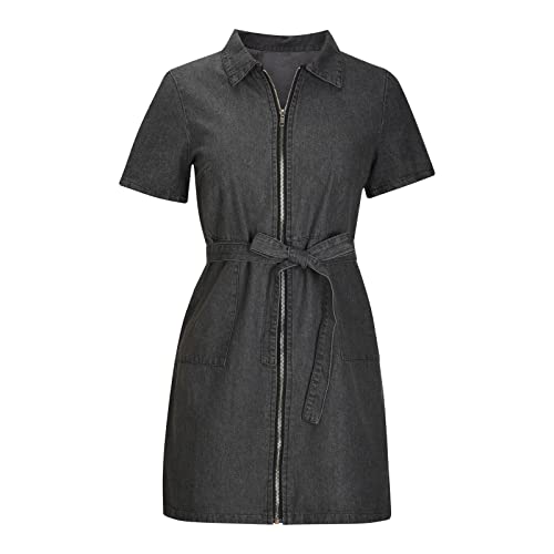 RKSTN Womens Summer Dresses Trendy Lace Up Waist Short Sleeve Mini Dress Zipper Pocket Wrap Dress Girls Casual Denim Dress3