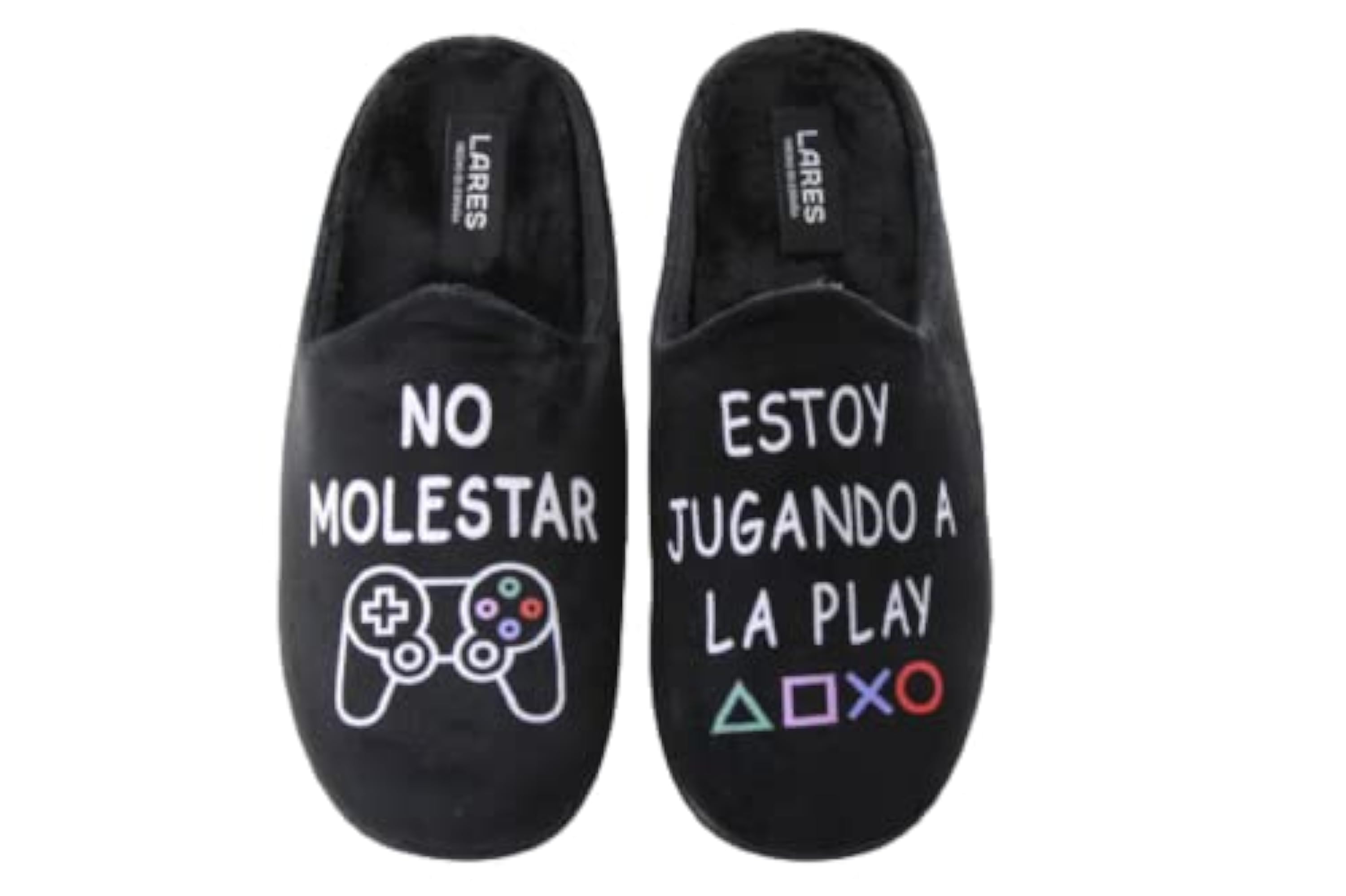 LARES - Zapatillas Casa para Hombre y niño Play Colorines. Color: Negro Talla: 41 - Frase Divertida No molestar jugando a la Play Suela Goma.