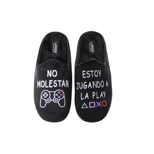 LARES - Zapatillas Casa para Hombre y niño Play Colorines. Color: Negro Talla: 38 - Frase Divertida No molestar jugando a la Play Suela Goma.