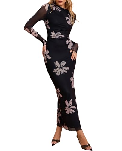 XinFSh Women's Fall Long Sleeve Bodycon Maxi Dress Mesh Ruched Formal Wedding Guest Cocktail Dresses