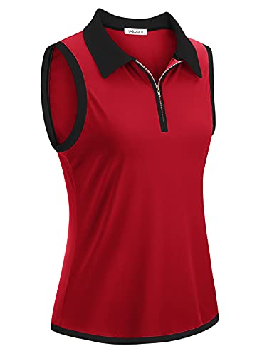 LASLULU Women's Golf Polo Shirts V-Neck Sleeveless Tennis Athletic Shirts Quick Dry Summer Tops(Red XX-Large)